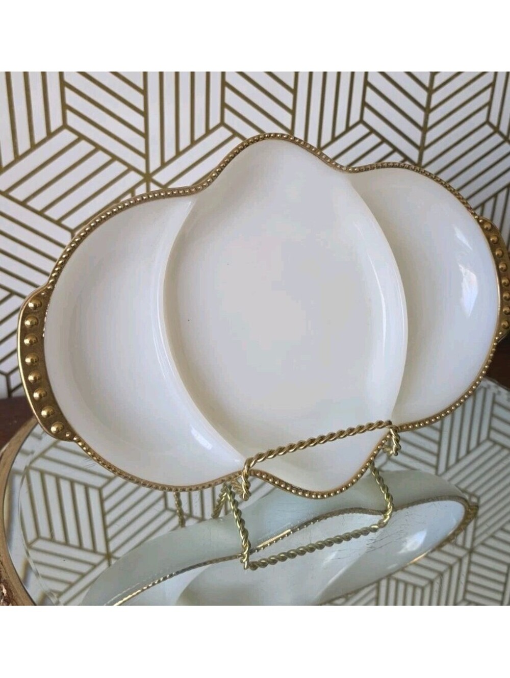 Vintage Fire King Milk Glass Hobnail Divided Dish with Gold Gilding 1950s/60s